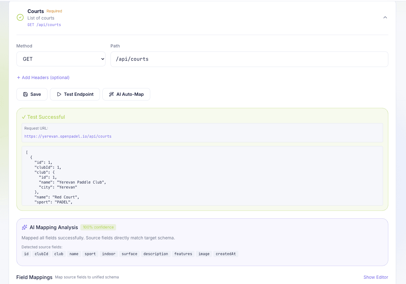 OpenPadel endpoint editor: test response and AI-suggested field mappings for review