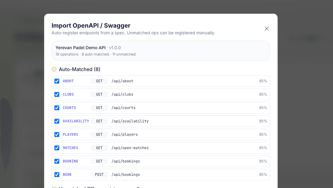 OpenPadel import OpenAPI: AI-matched endpoints with confidence scores before save